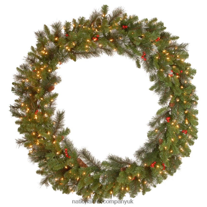 Greenery | National Tree Company Pre-Lit Artificial Christmas Wreath Green Crestwood Spruce White Lights Decorated with Pine Cones Berry Clusters Christmas Collection 48 Inches F2L4F285